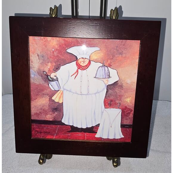 Jennifer Garant “Fat Chef w/Dome Platter” Framed Ceramic Tile Trivet / Wall - Picture 1 of 8